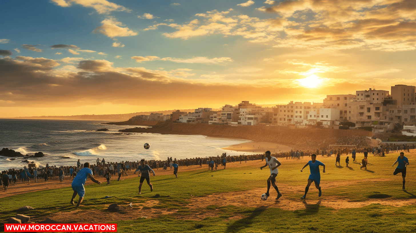 A group of people engaging in various sports activities against the backdrop of Morocco's vibrant landscapes, showcasing the diverse and enriching Moroccan sport experiences.