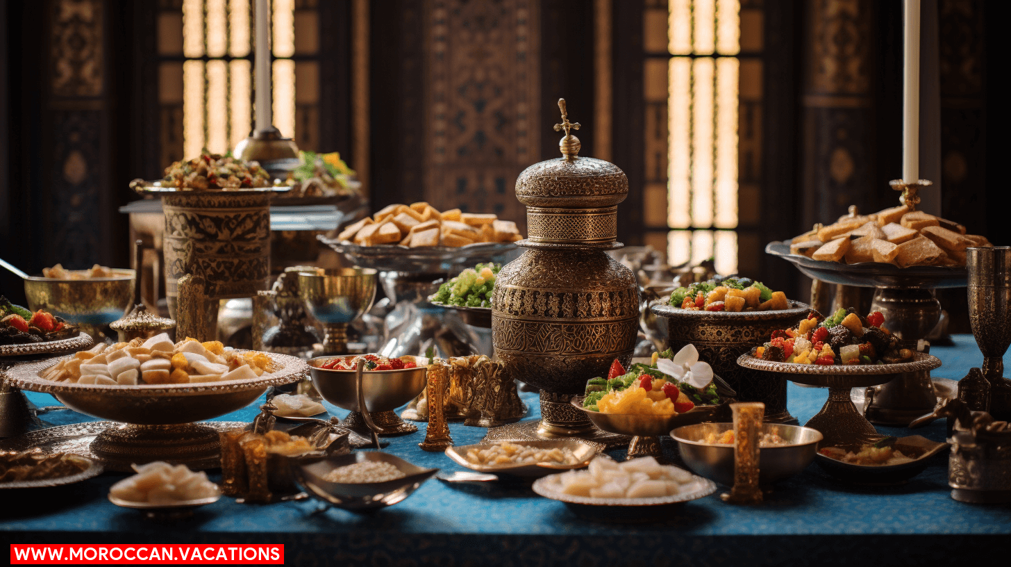 Exquisite Moroccan wedding cuisine delights displayed beautifully, showcasing the rich flavors and cultural elegance of traditional Moroccan gastronomy.