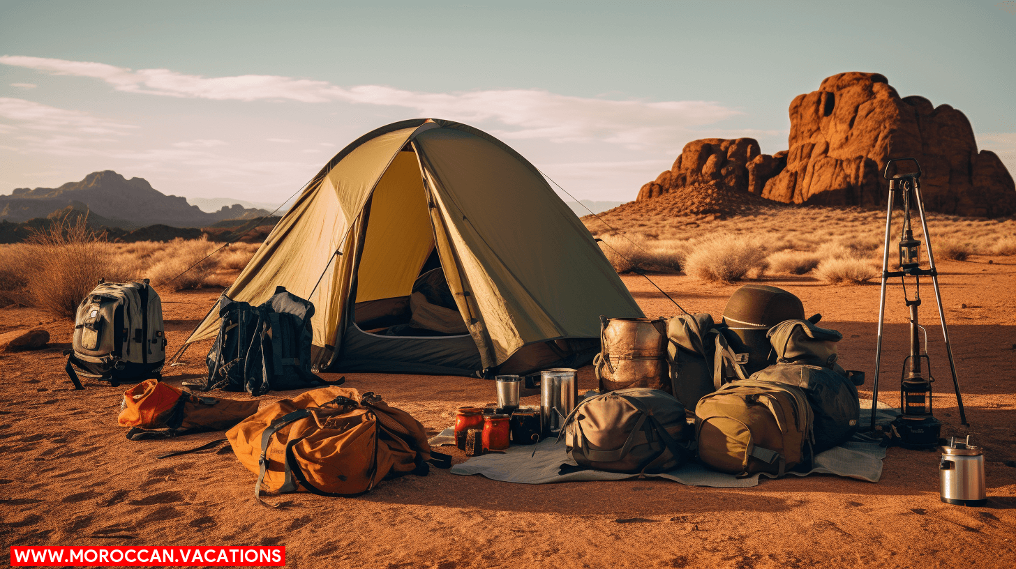 A collection of essential camping gear including a tent, sleeping bag, flashlight, and backpack
