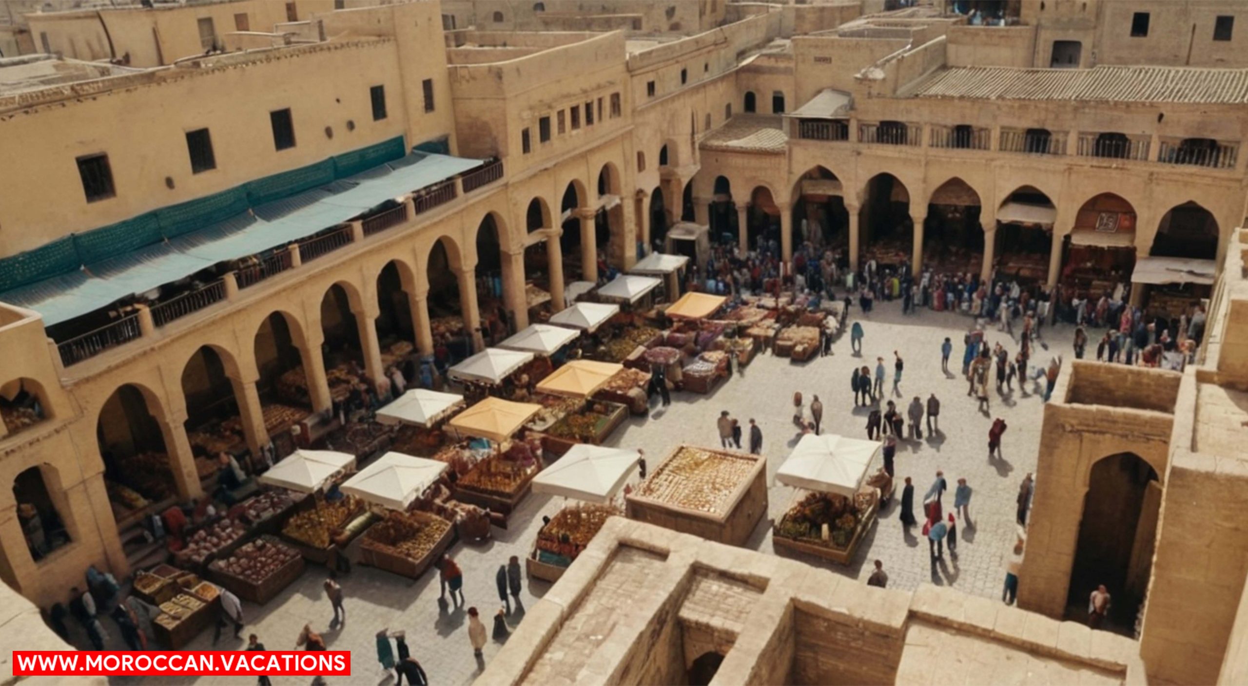 An overhead view of the labyrinthine medina of Fez, with narrow, twisted alleys.