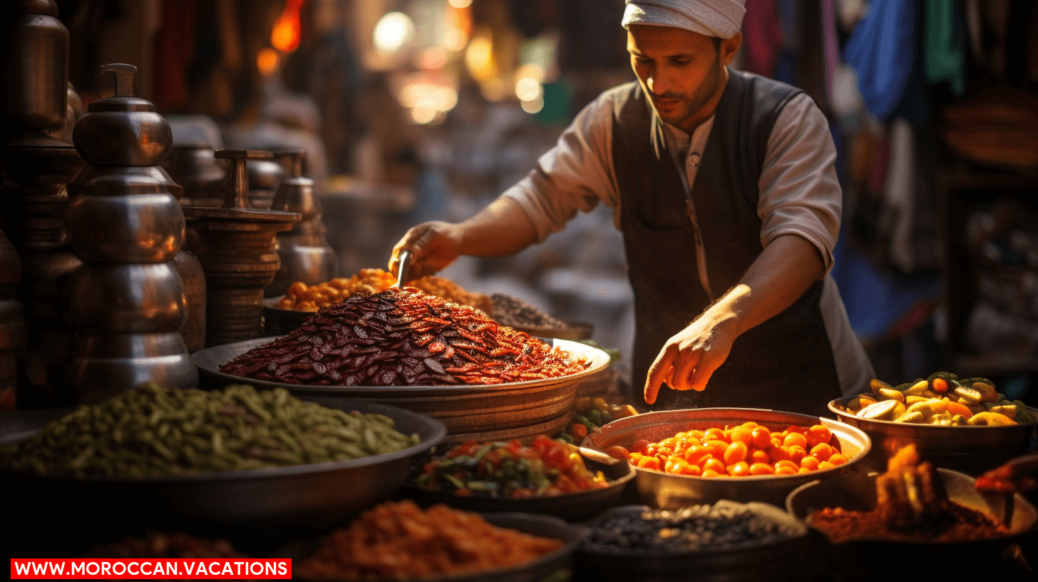 Aromatic spices, and locals indulging in traditional delicacies like tagines, pastillas, and harira soup.