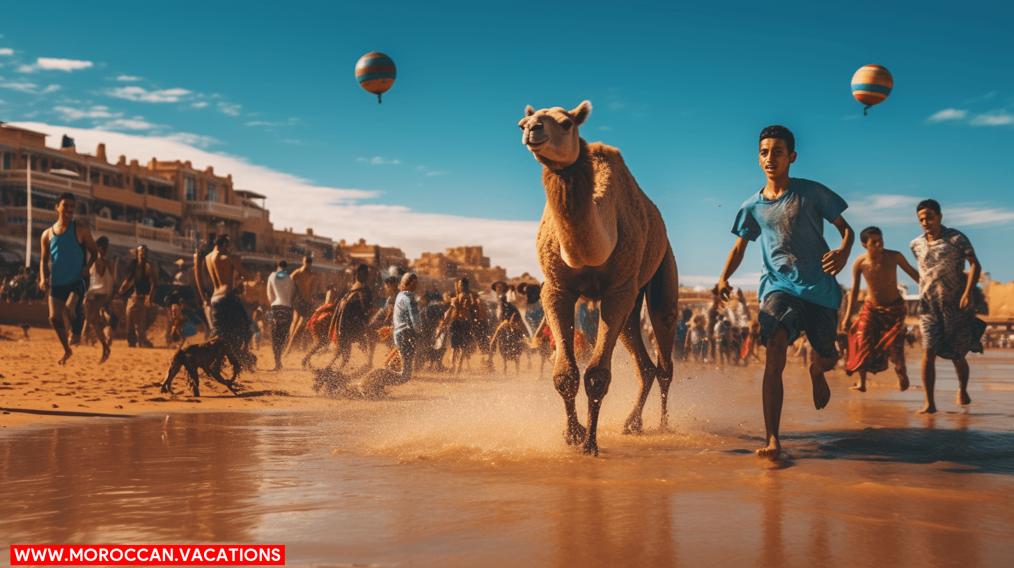 A panoramic view of Moroccan sports experiences showcasing vibrant traditional games, modern athletic events, and cultural celebrations.