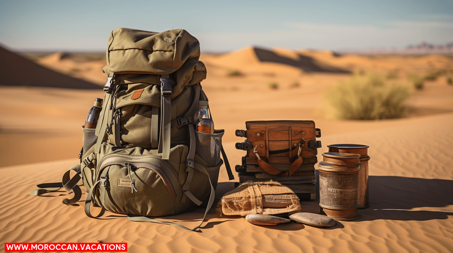 Group of travelers preparing for a camel trek in the desert