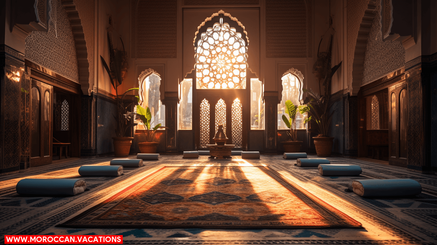 A serene yoga session amidst the vibrant backdrop of a Moroccan riad.