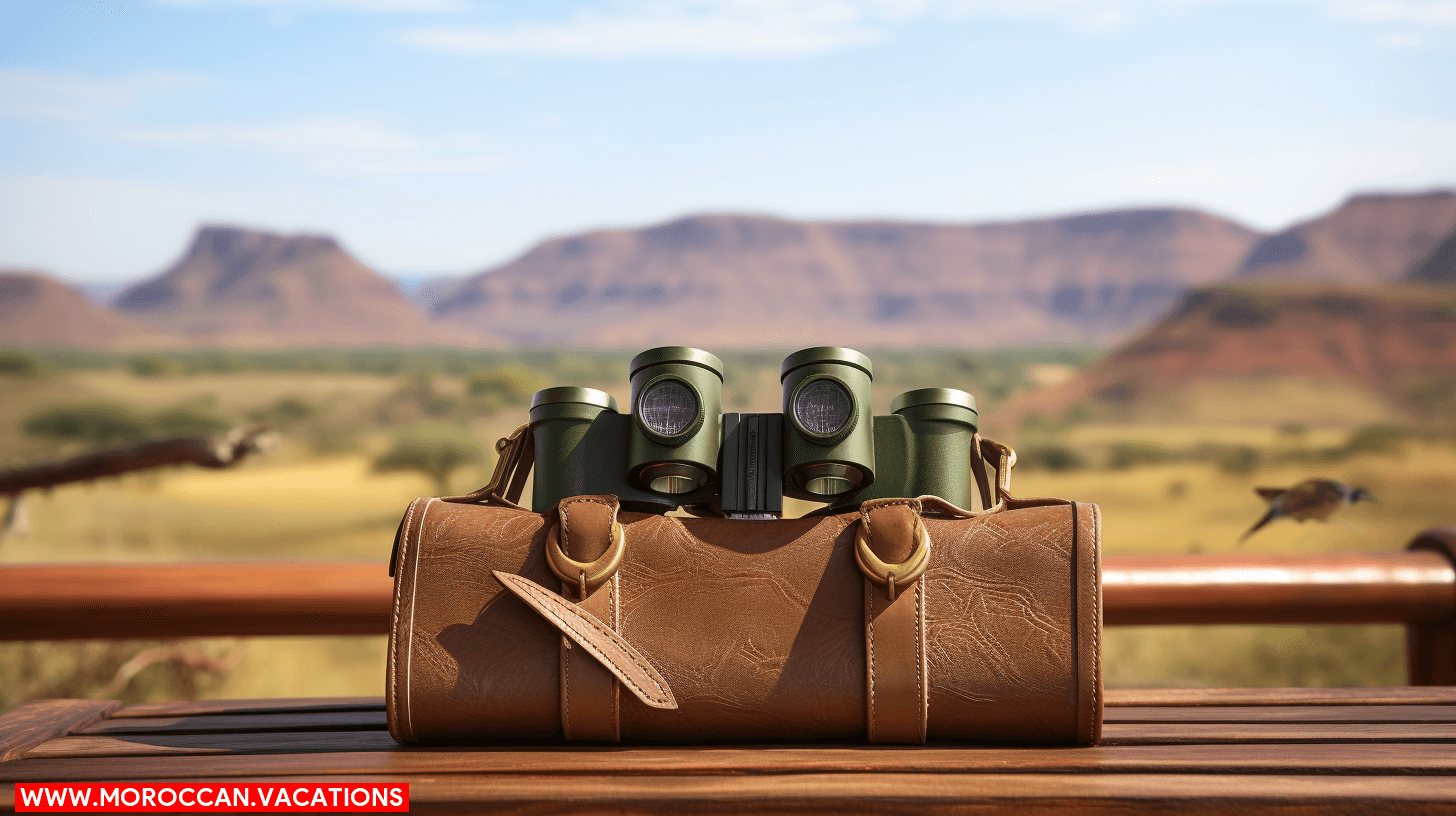 A binocular set on a wooden table surrounded by bird identification books, indicating proper maintenance of bird-watching equipment for optimal birding experiences.