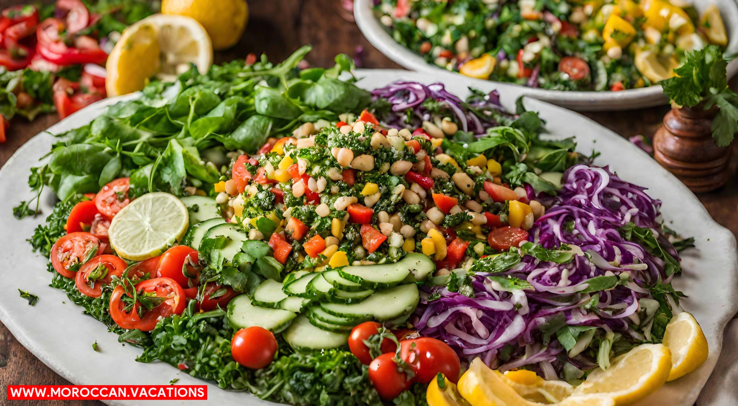 A vibrant Moroccan salad platter, showcasing a variety of refreshing salads like Zaalouk, Taktouka, and Tabbouleh.
