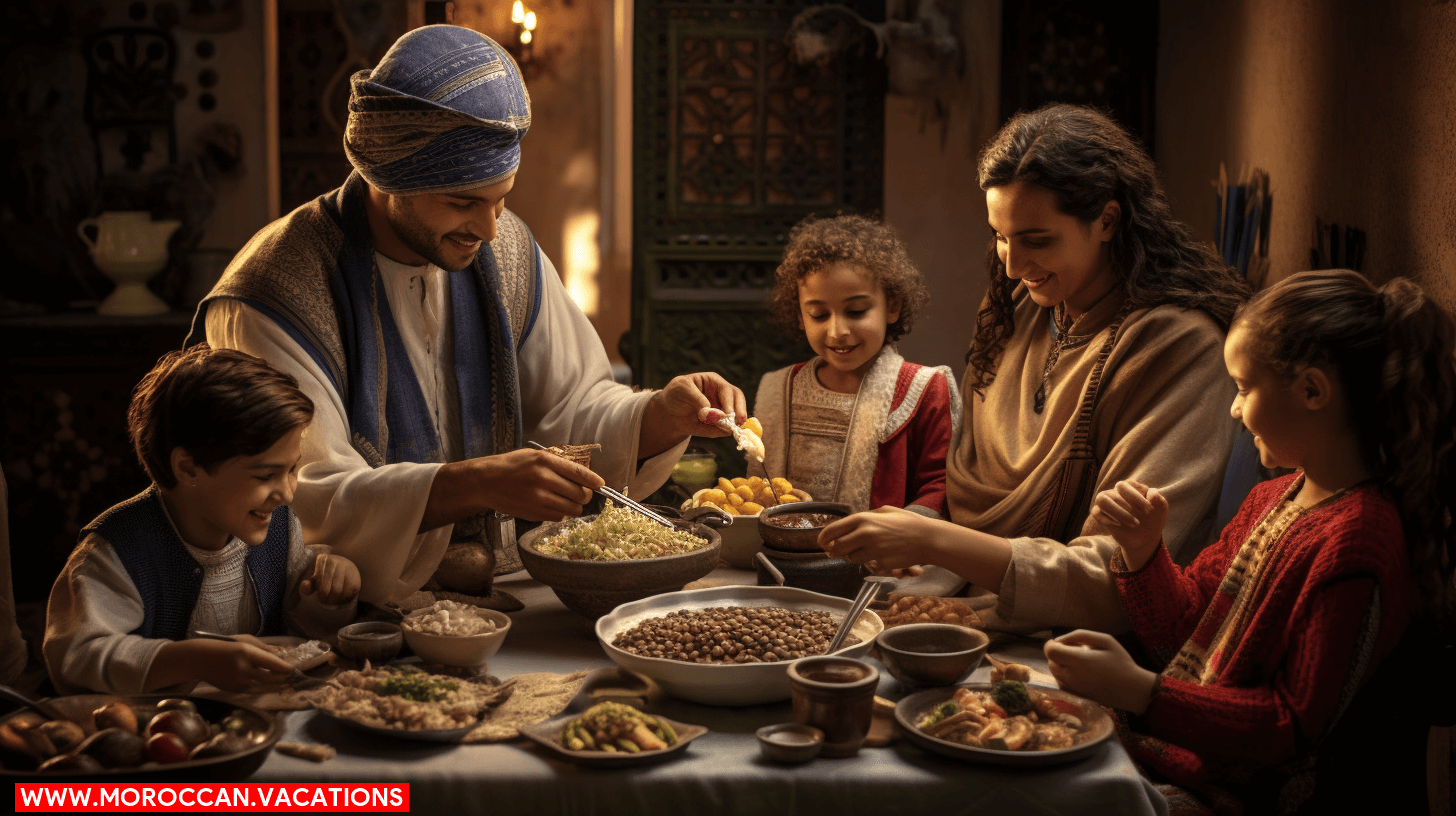 Moroccan family gathered around a beautifully adorned dining table.