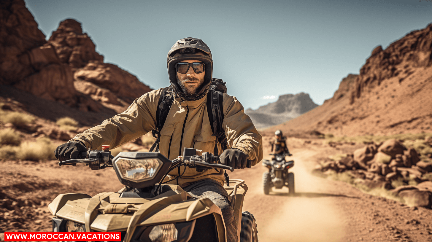 An image depicting a quad biker in Dades Valley wearing a helmet, protective gear.