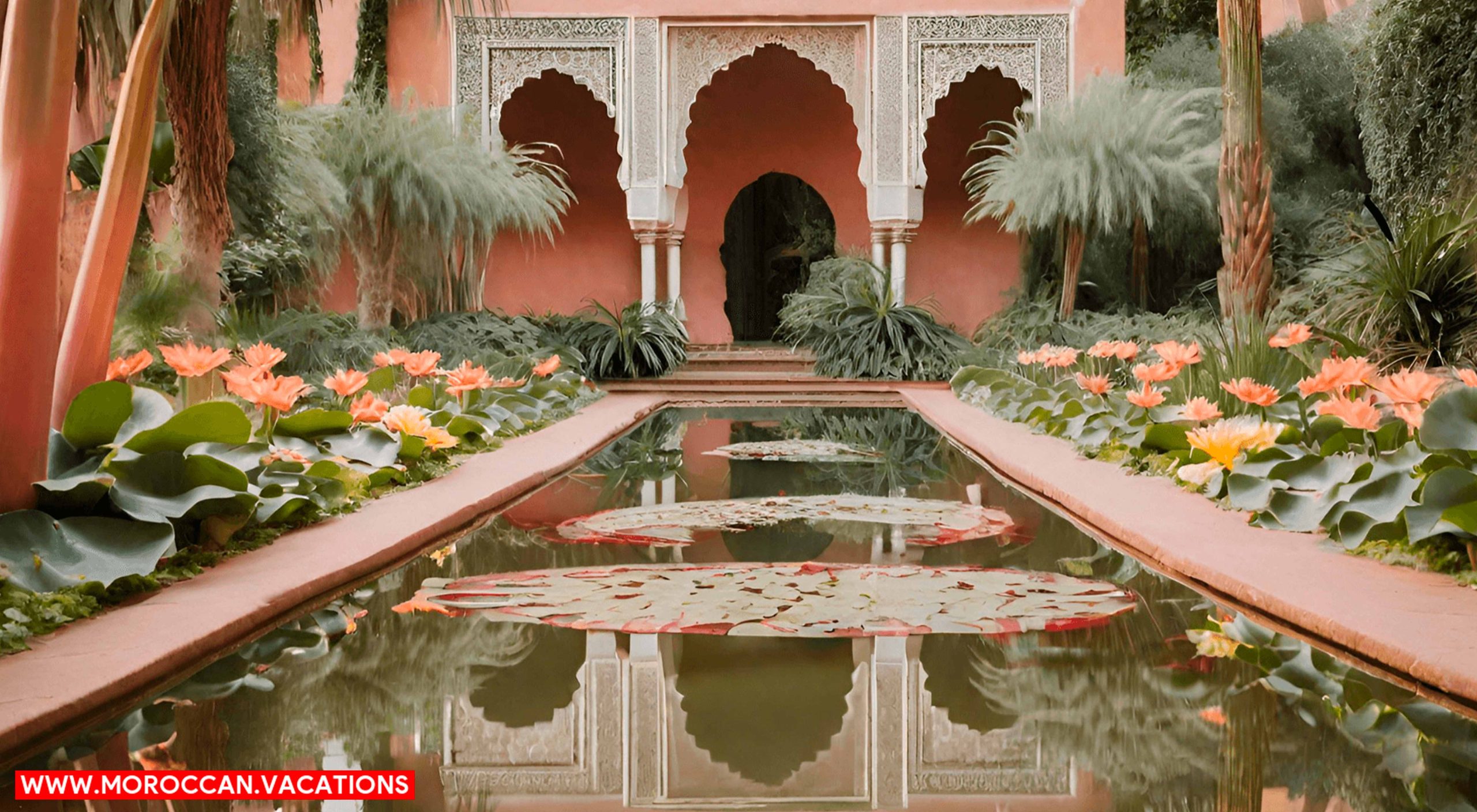 An enchanting reflection pool adorned with vibrant lily pads and surrounded by lush greenery.