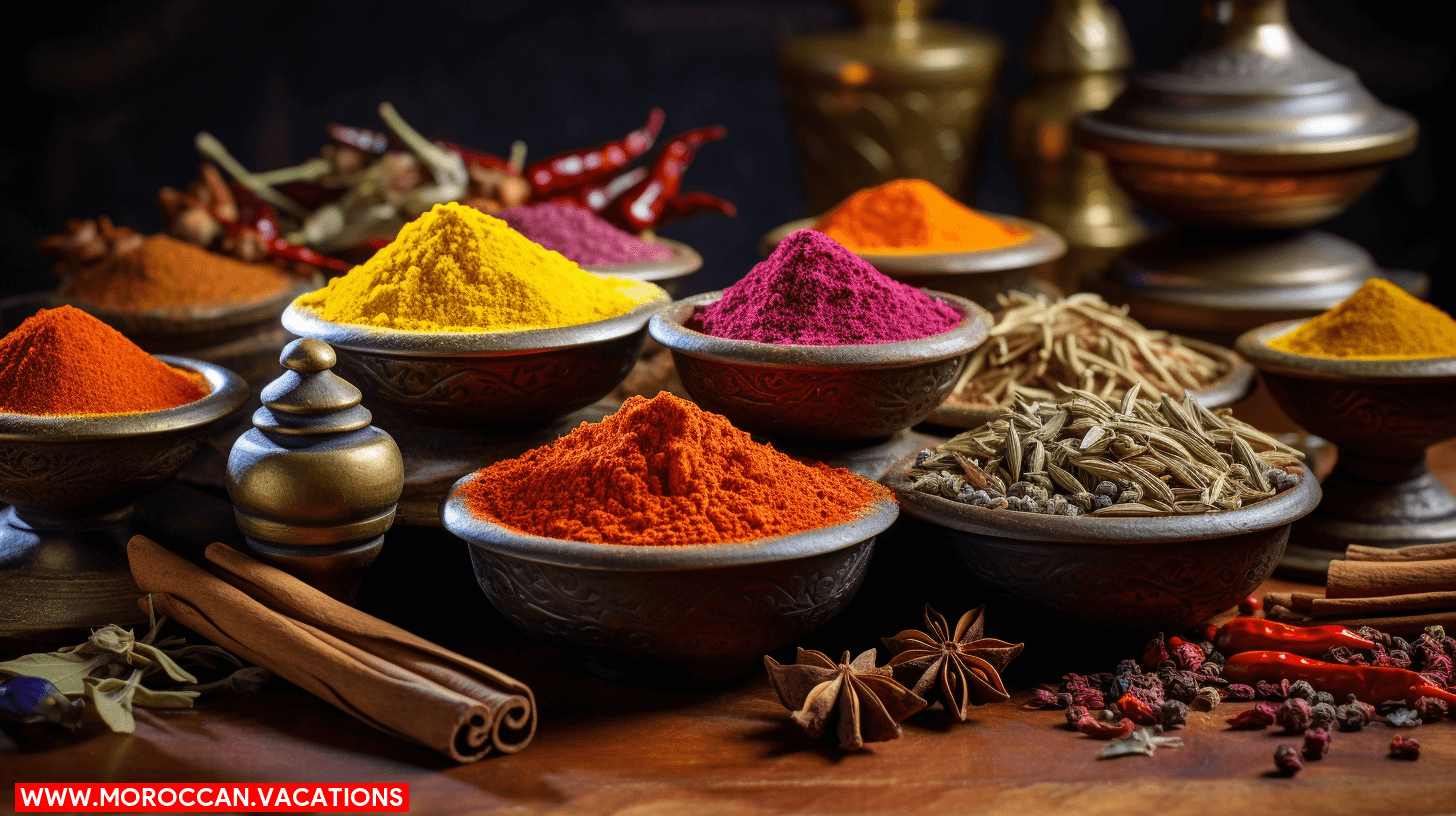 A vibrant colors and textures of traditional Moroccan spices