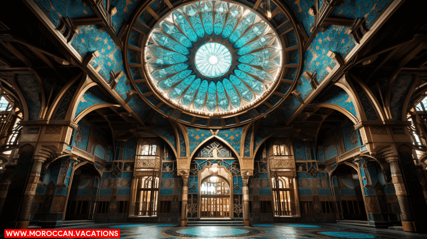 An ornately decorated courtyard of the historic Al-Attarine Madrasa, showcasing intricate Moorish architecture and tilework.