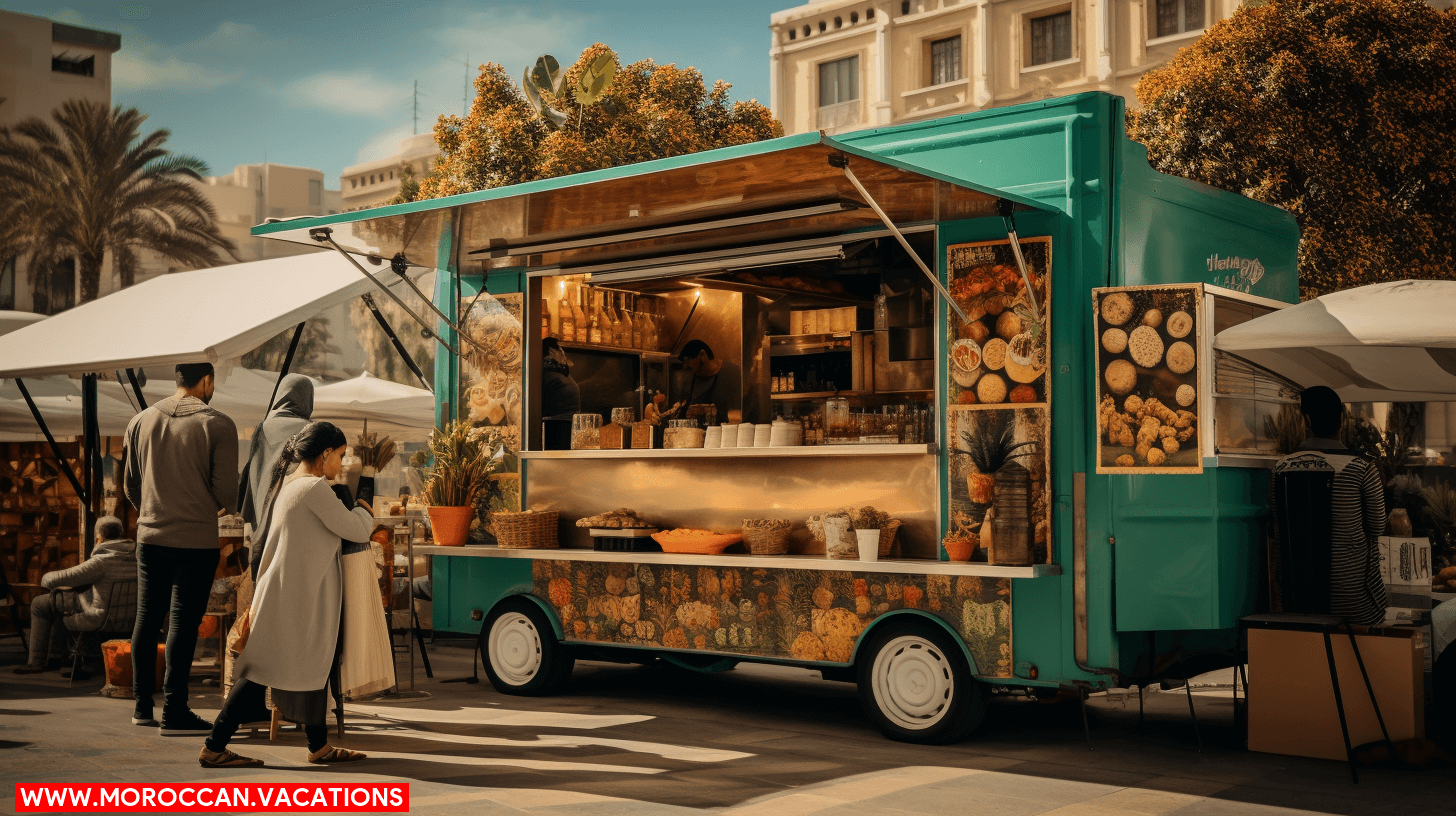 A bustling street lined with modern food carts serving innovative dishes.