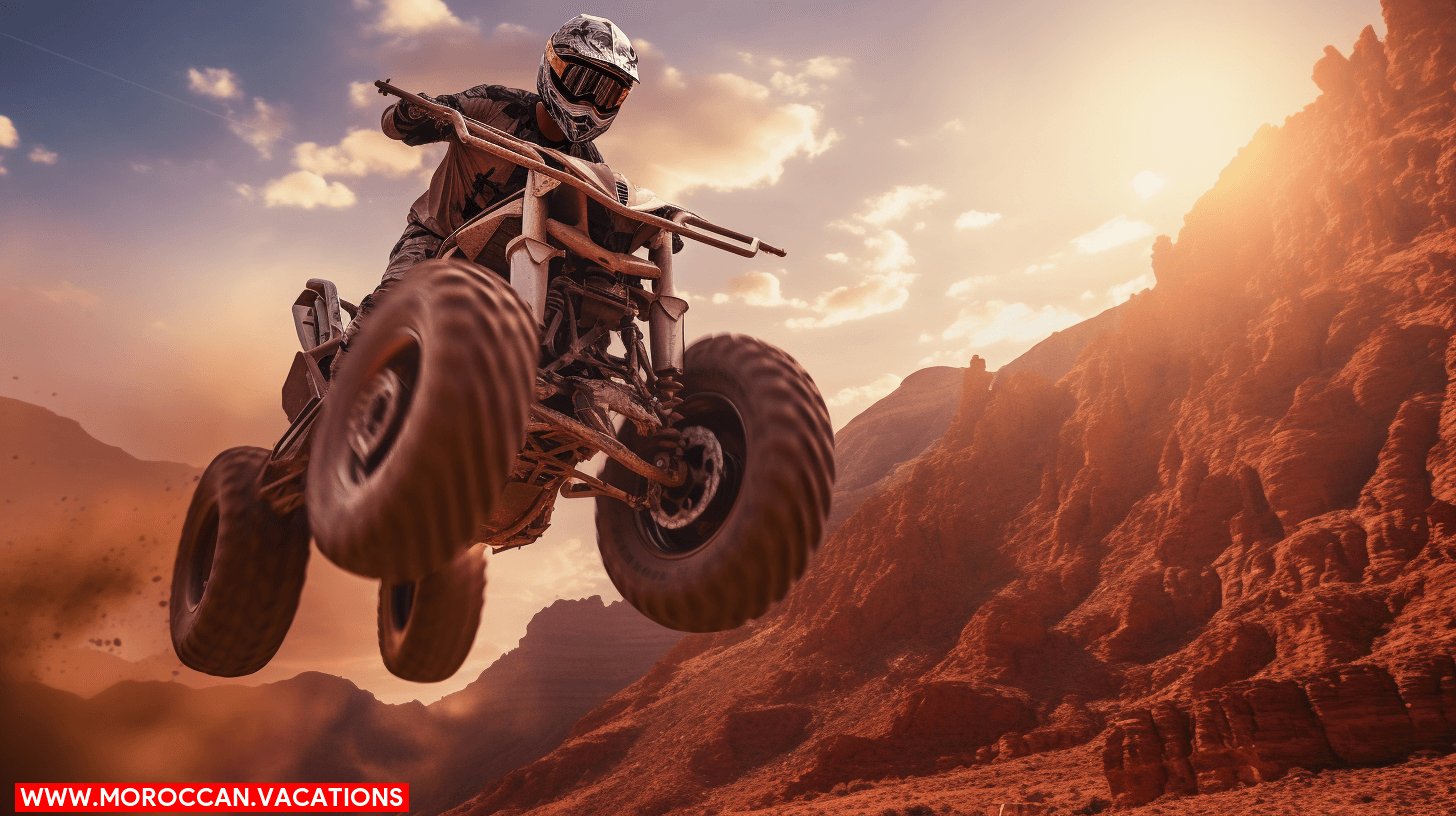 A quad bike kicking up dust on a winding trail through Dades Valley.