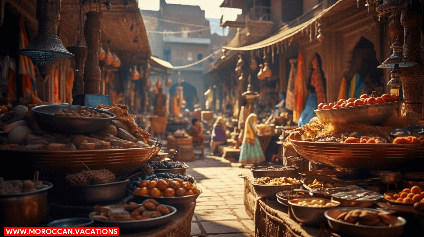 An image showcasing a vibrant Moroccan street market bustling with food carts and stalls.