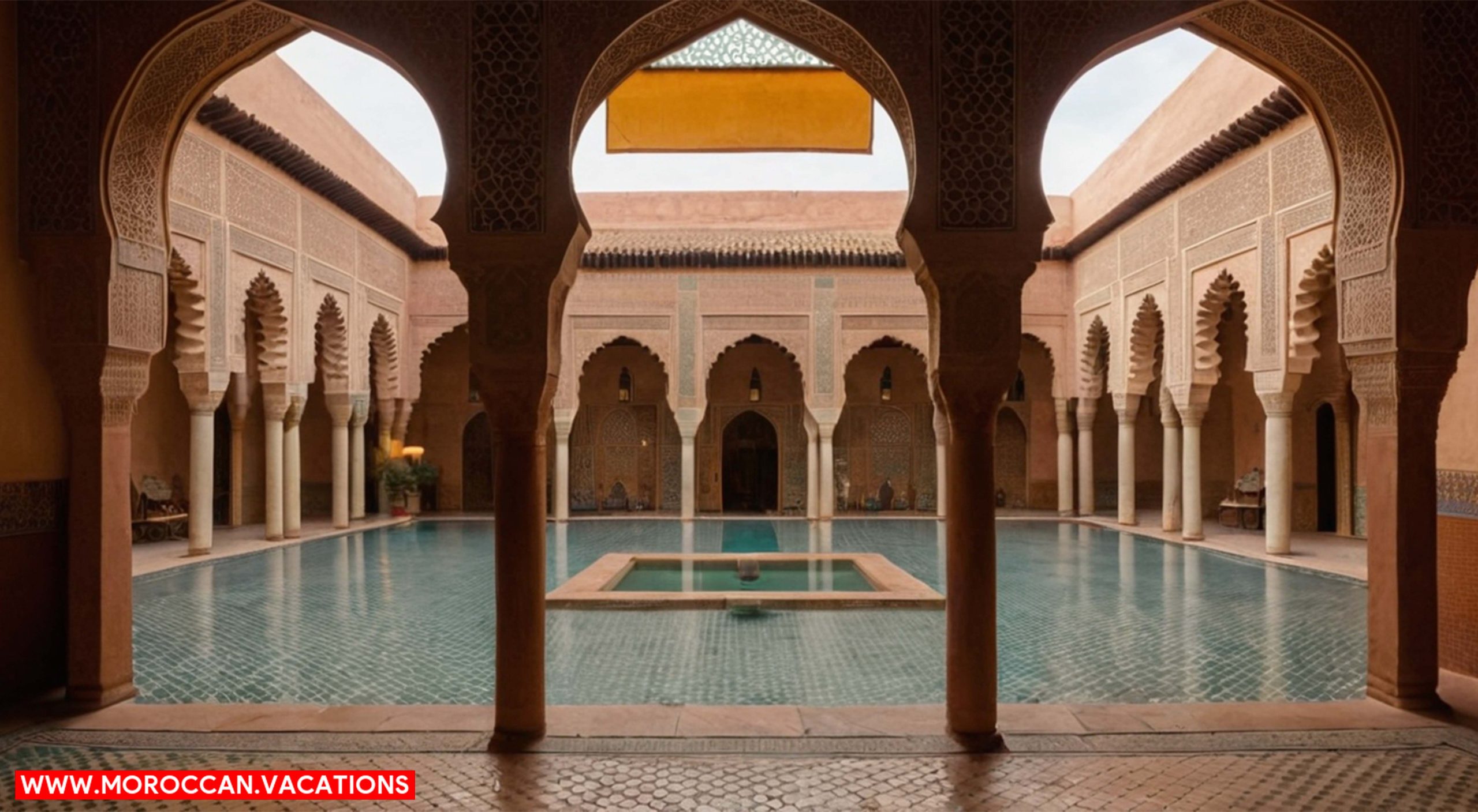 The intricate geometric patterns adorning the arches, windows, and courtyards.