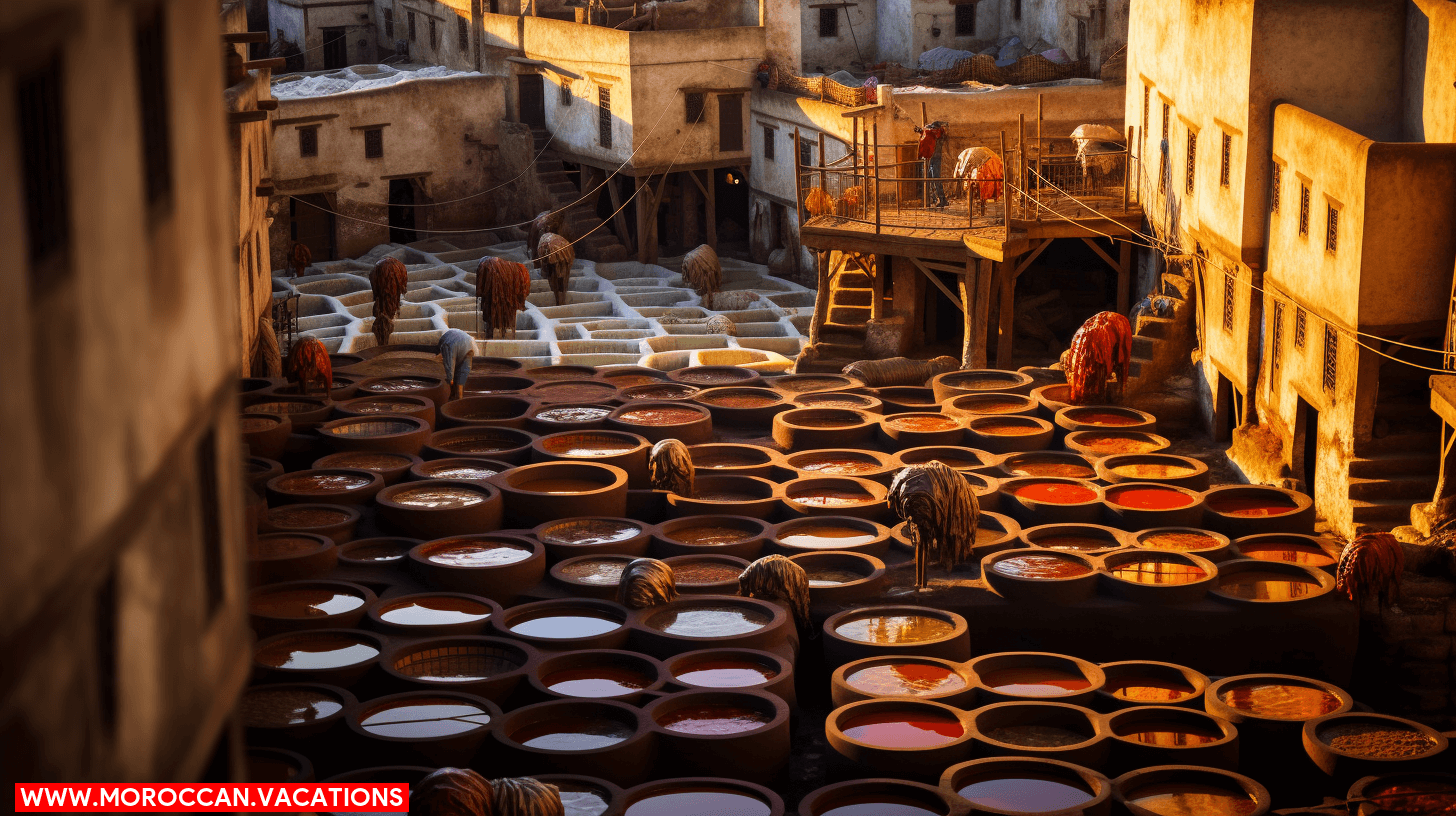 A panoramic view of the intricate Chouara Tannery, showcasing the bustling activity and colorful array of hides being processed, with artisans working diligently amidst the ancient stone vessels.