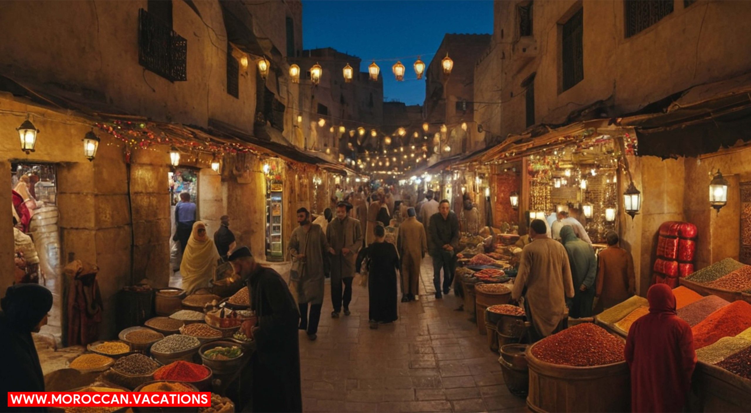 An image capturing bustling souks in Fez Medina, with stalls brimming with colorful spices.