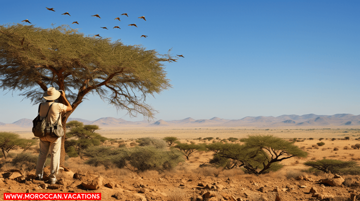 A group of birdwatchers with binoculars, identifying birds in Dades Valley, Morocco