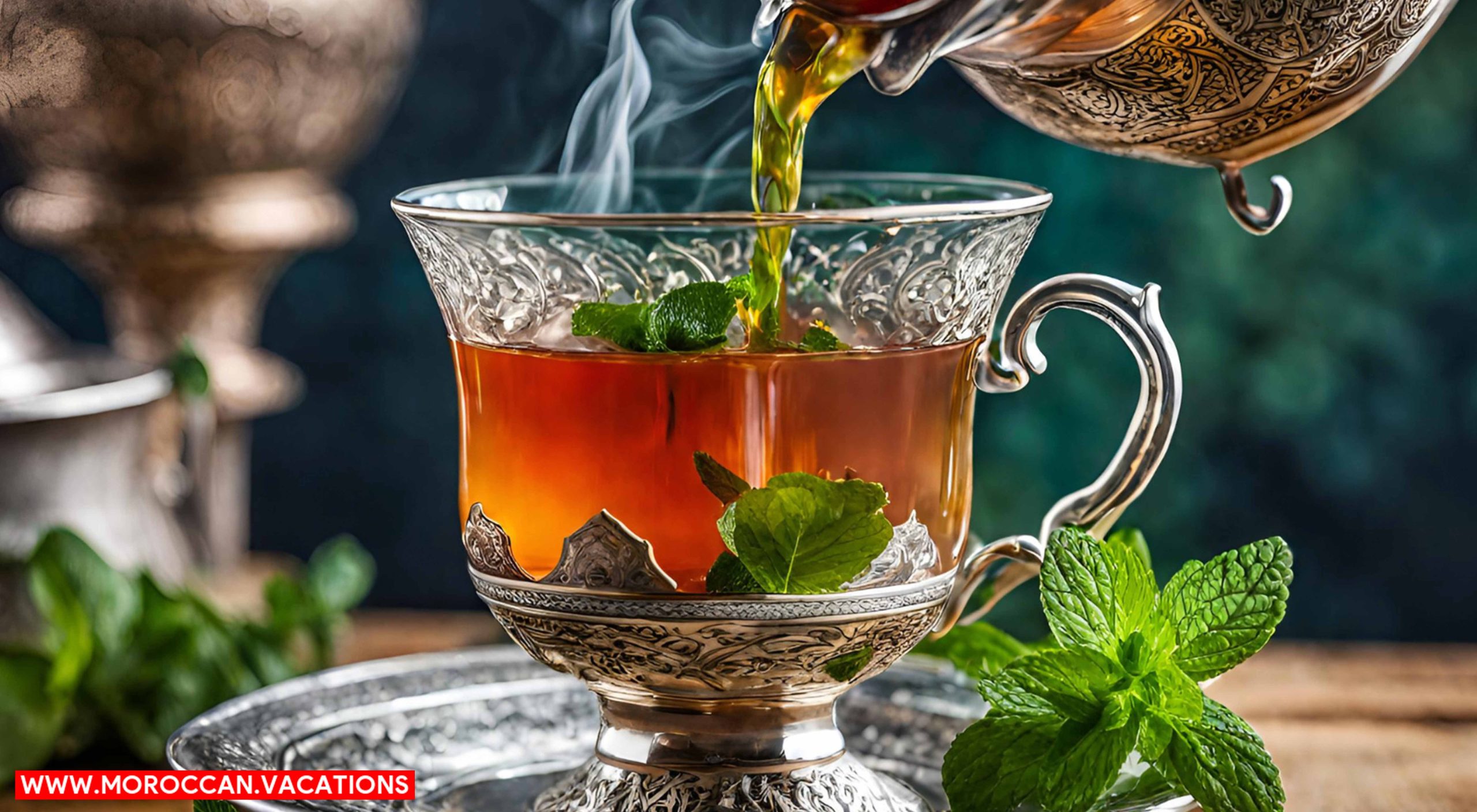 A refreshing Moroccan mint tea being poured into a traditional glass teacup.