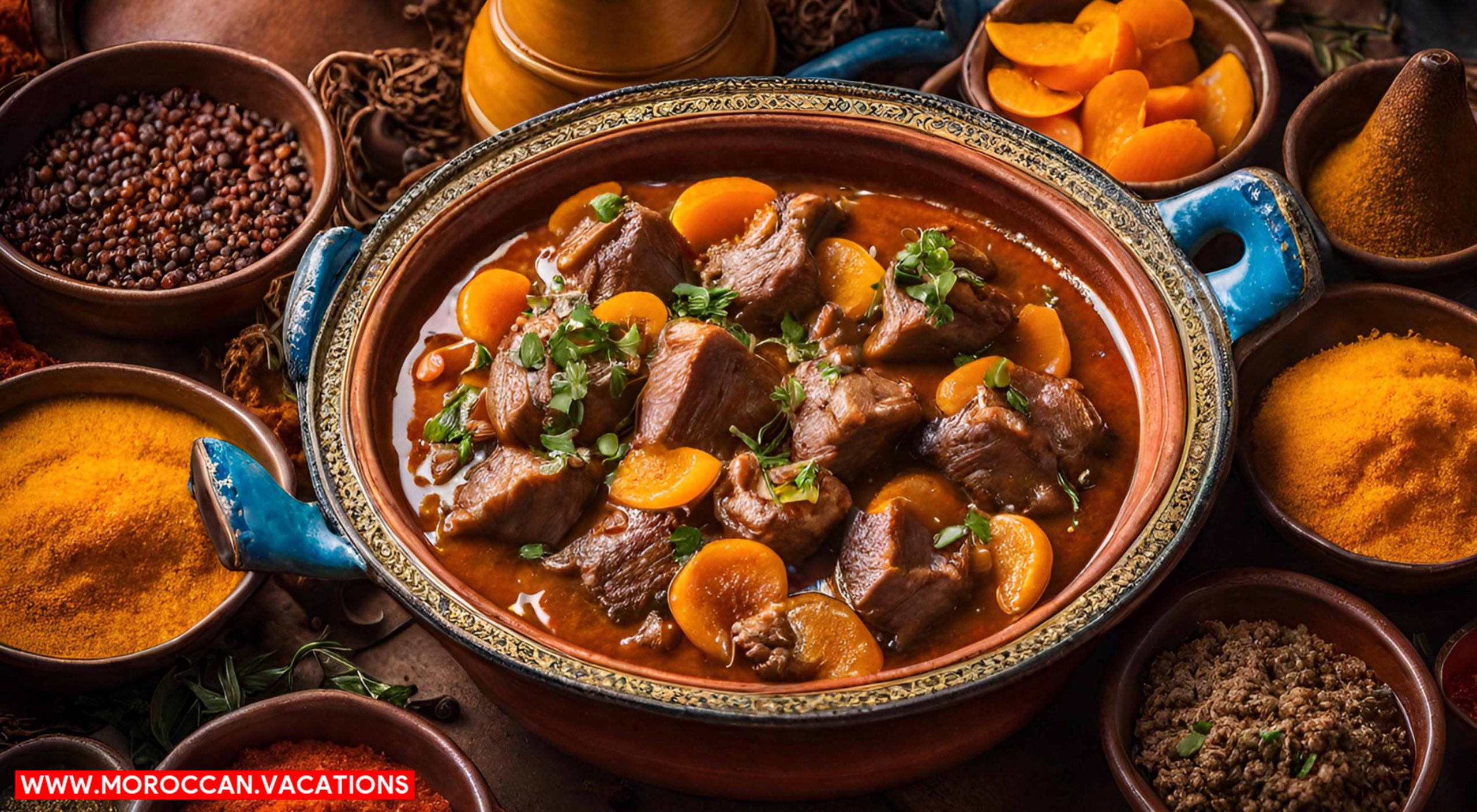 A colorful tagine dish, steaming with fragrant spices and filled with tender lamb.