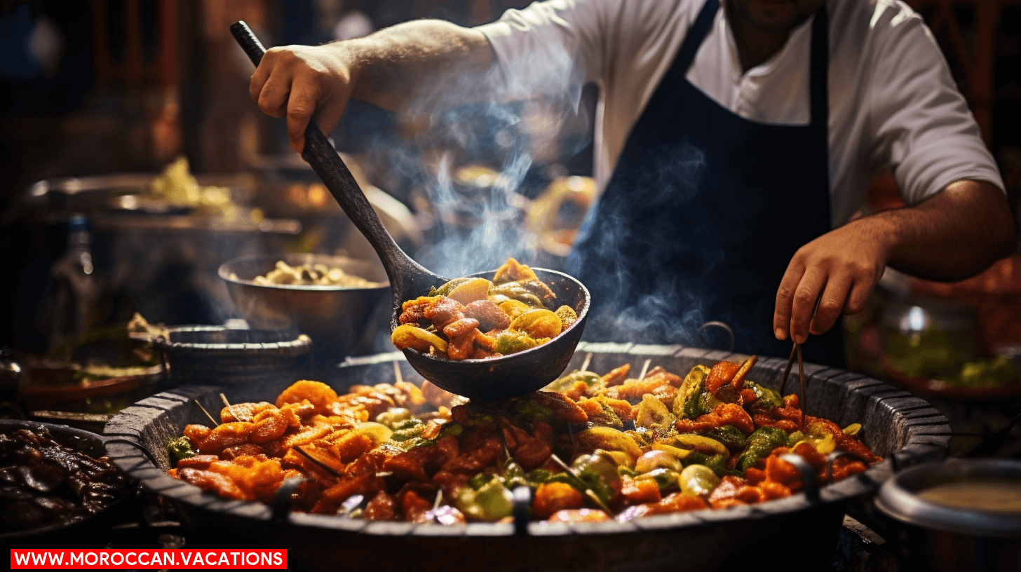 A bustling market stall adorned with sizzling kebabs, fragrant tagines, and steaming bowls of harira.