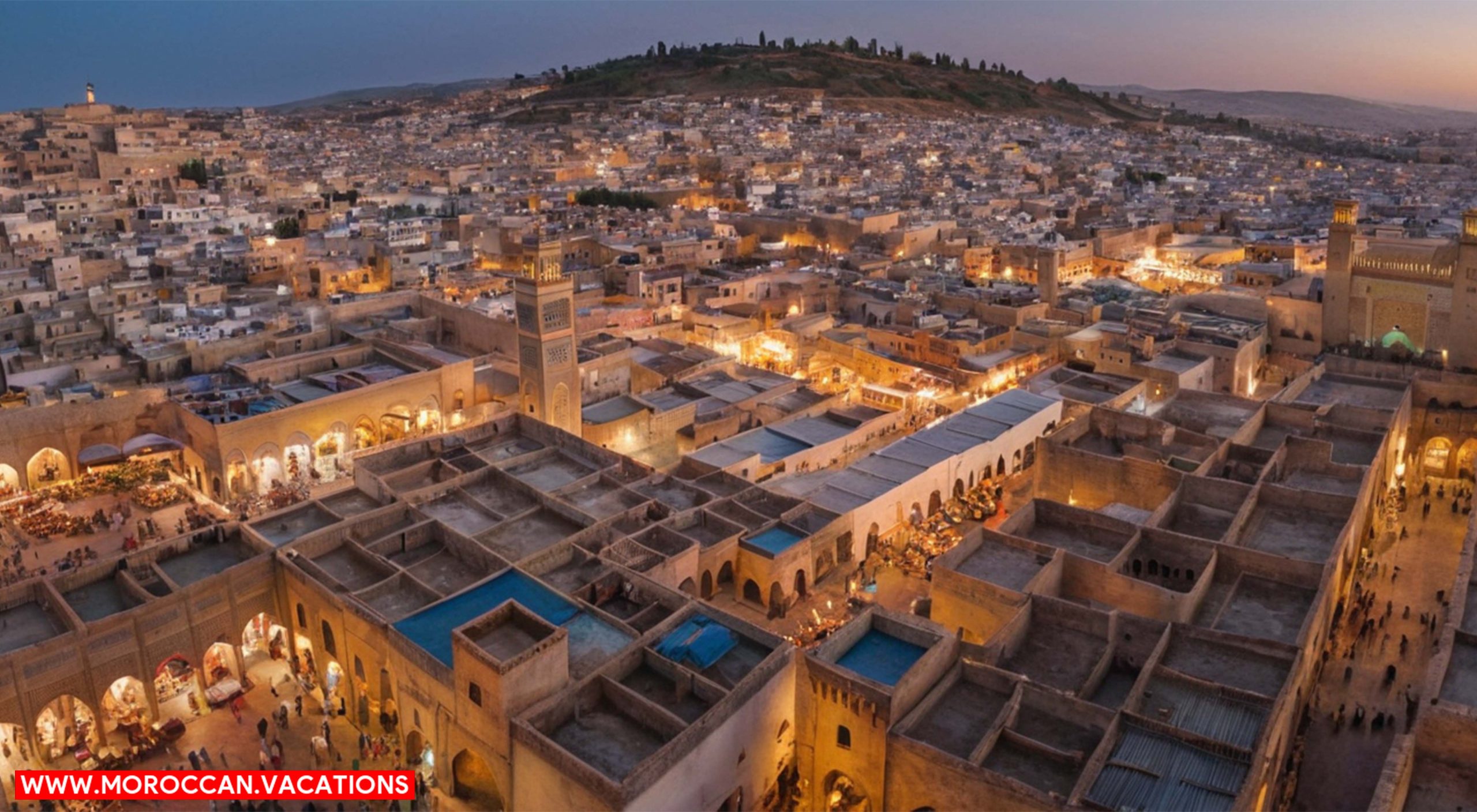 The sprawling Medina of Fez, with intertwined alleyways, ancient mosques.