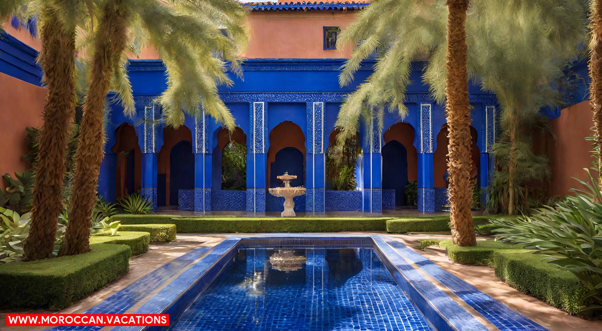 The vibrant blue hues of the iconic tiled fountain, surrounded by lush greenery and delicate water lilies.
