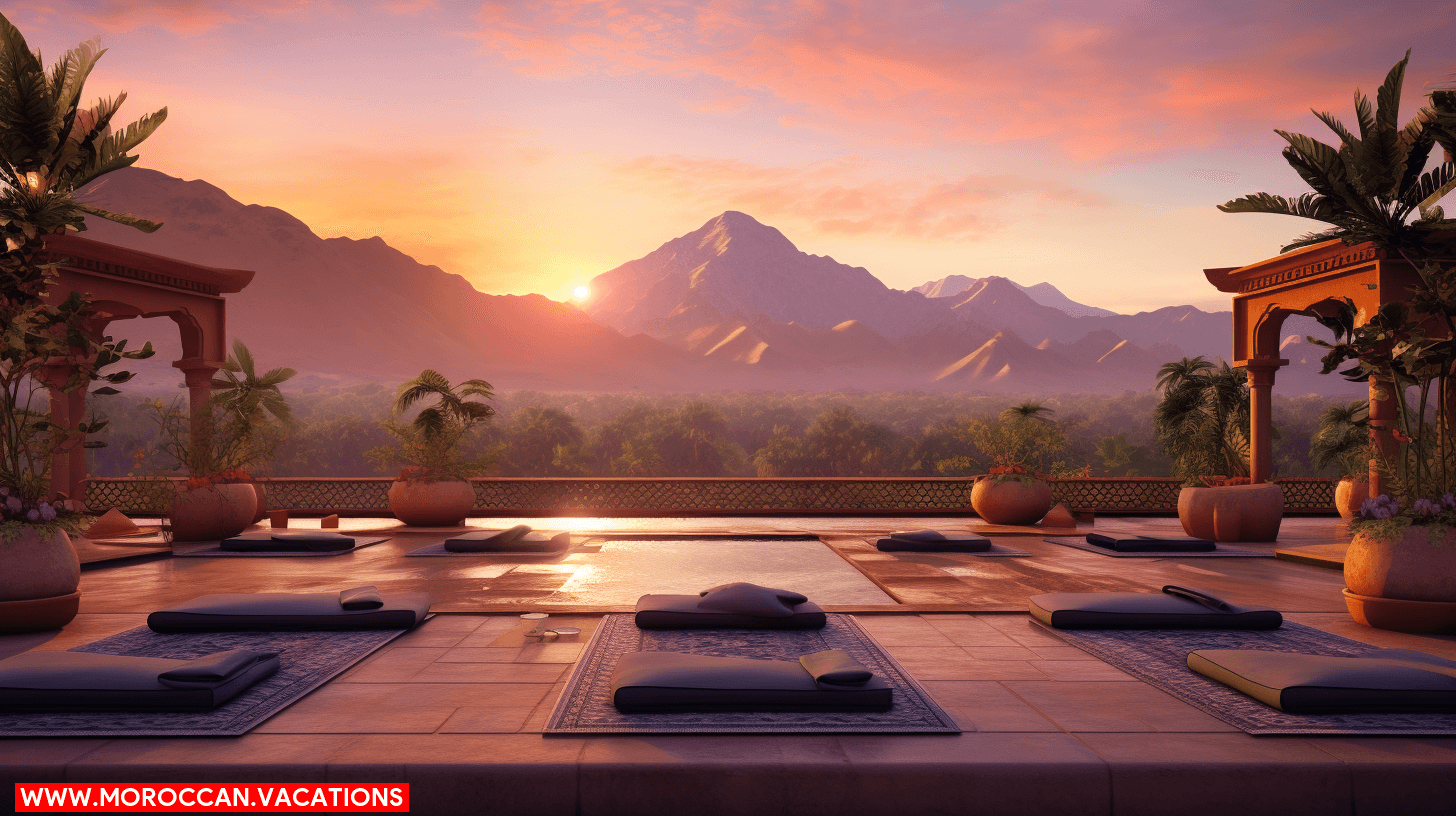 The serene ambiance of a Moroccan yoga retreat center, nestled amidst the majestic Atlas Mountains.